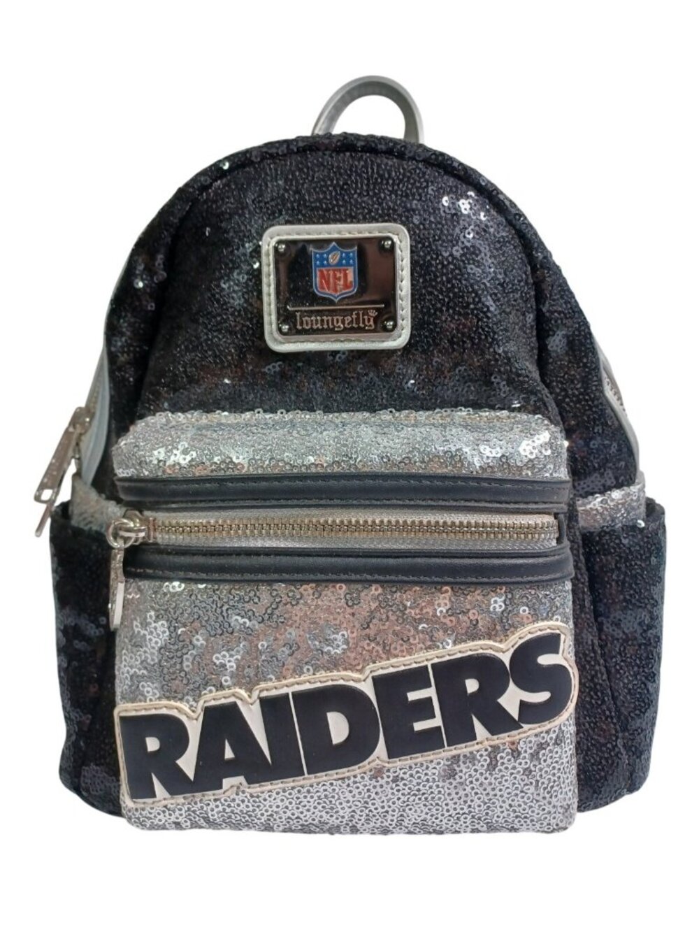 NWT Loungefly NFL Las Vegas Raiders Black Silver Sequin Bling Mini Backpack